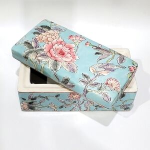 8" Vntg Chinoiserie Baby Blue & Pink Floral 💙 Bird Heavy Asian Ceramic Box  Lid